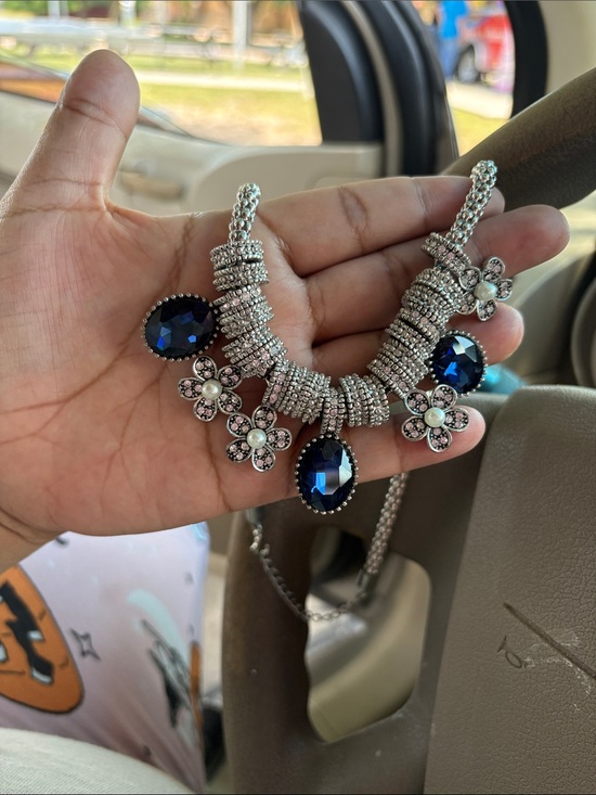 Jewelry - Silver-tone Floral Necklace with Deep Blue Gems
